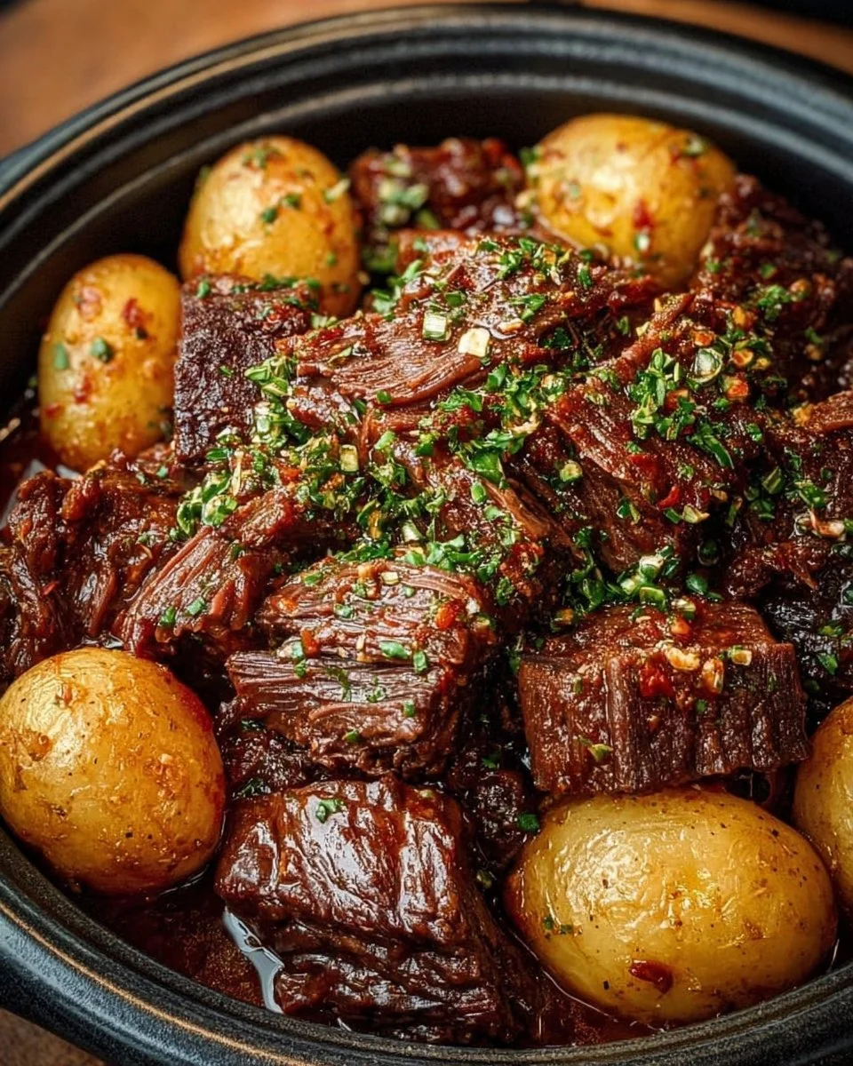 Delicious slow cooker garlic butter beef with tender potatoes