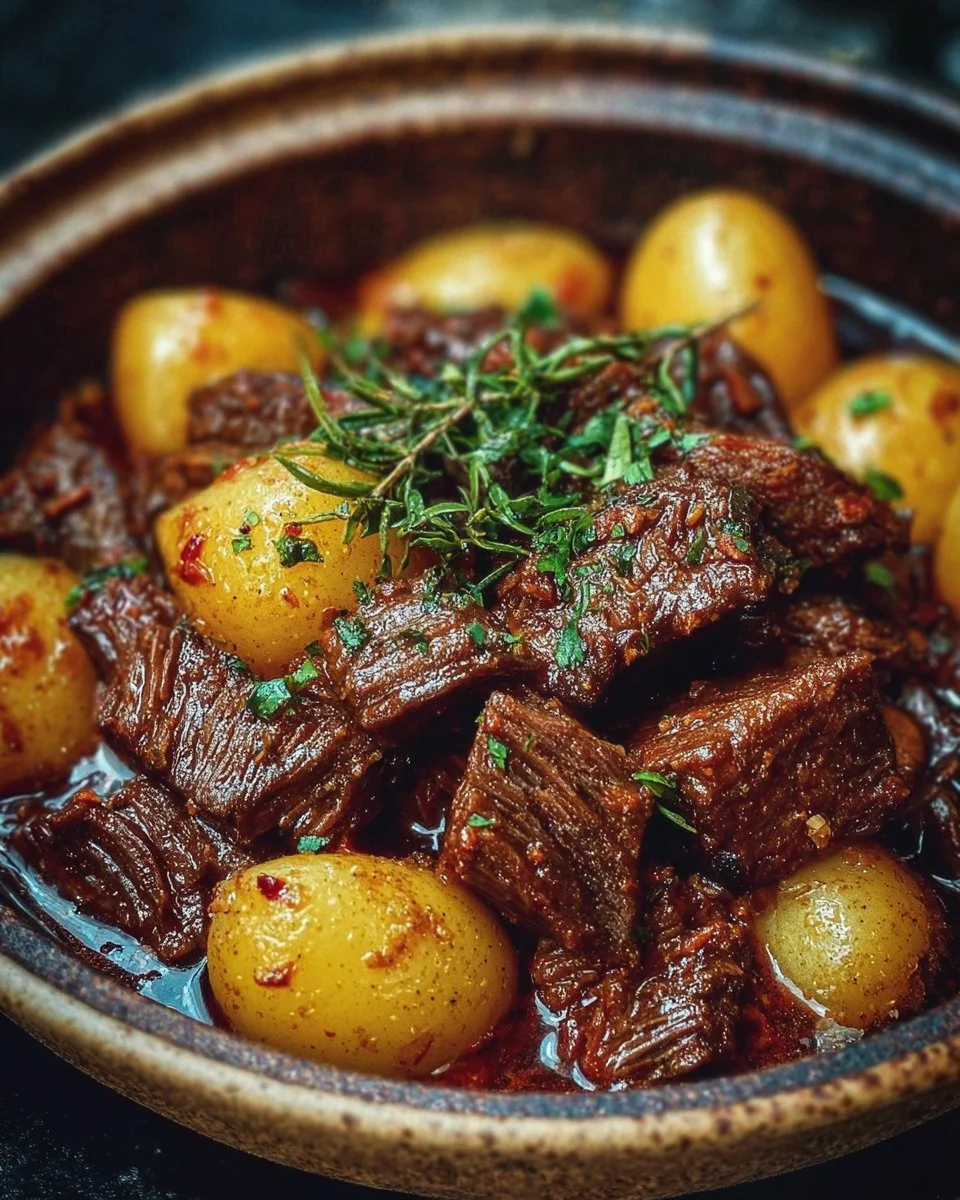 Slow cooker garlic butter beef with potatoes served in a bowl