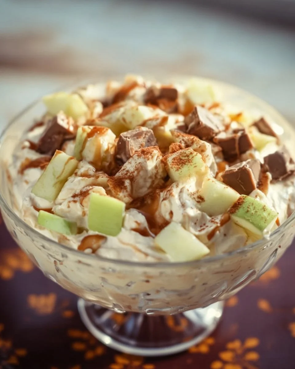 Delicious Snickers Apple Salad served in a bowl with a caramel drizzle.