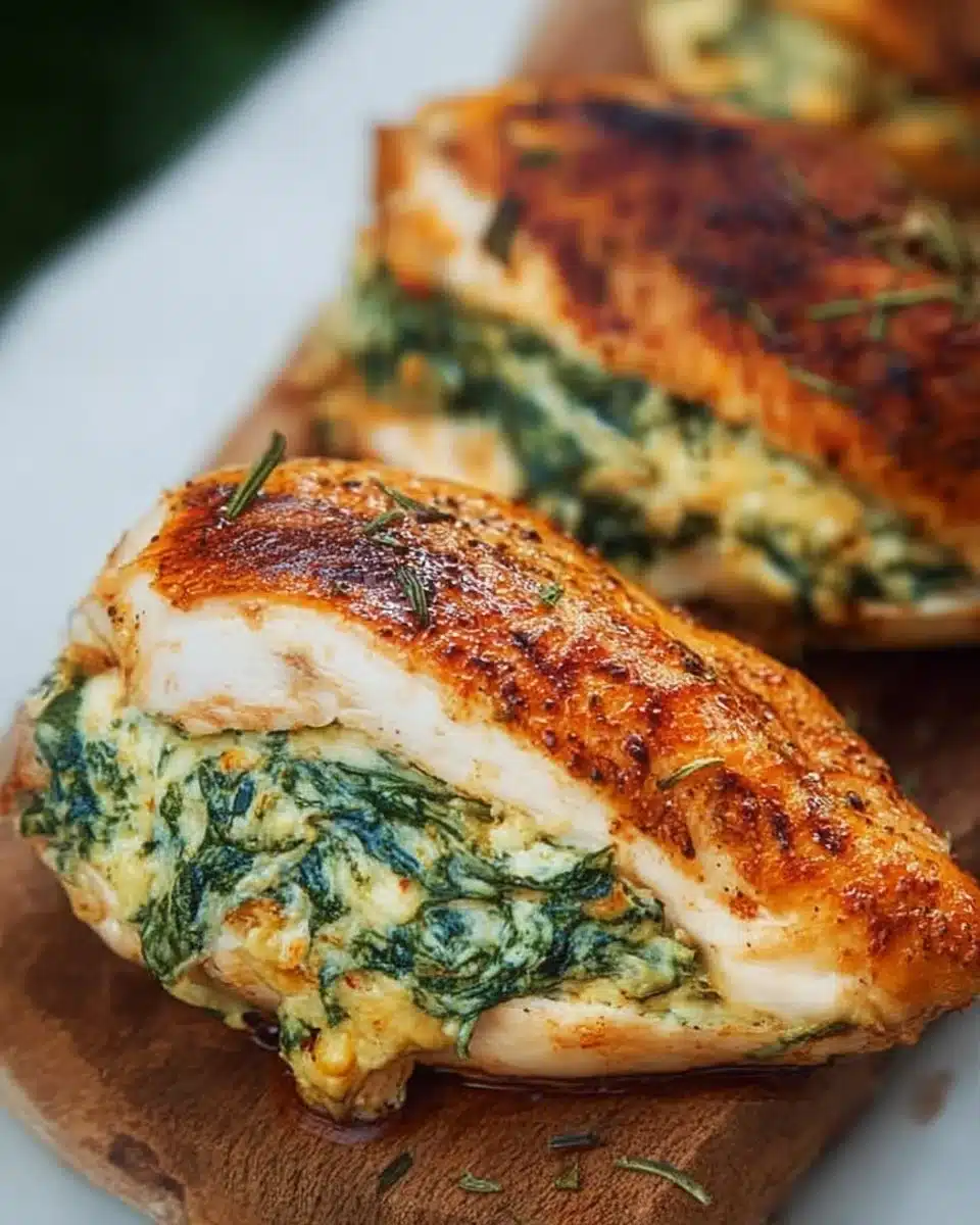 Delicious spinach stuffed chicken breasts garnished and ready to serve.