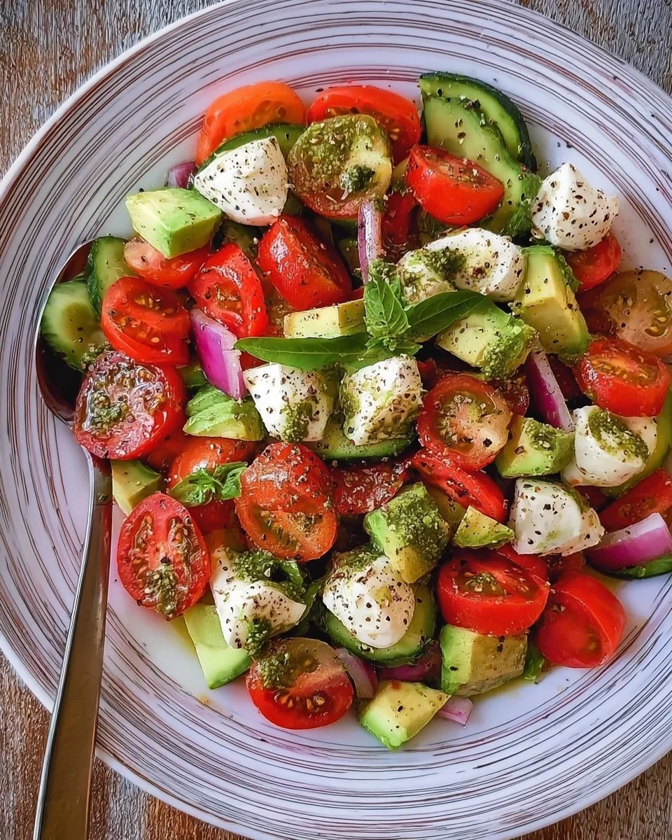 Fresh tomato cucumber salad with avocado, mozzarella, and basil pesto served in a bowl.