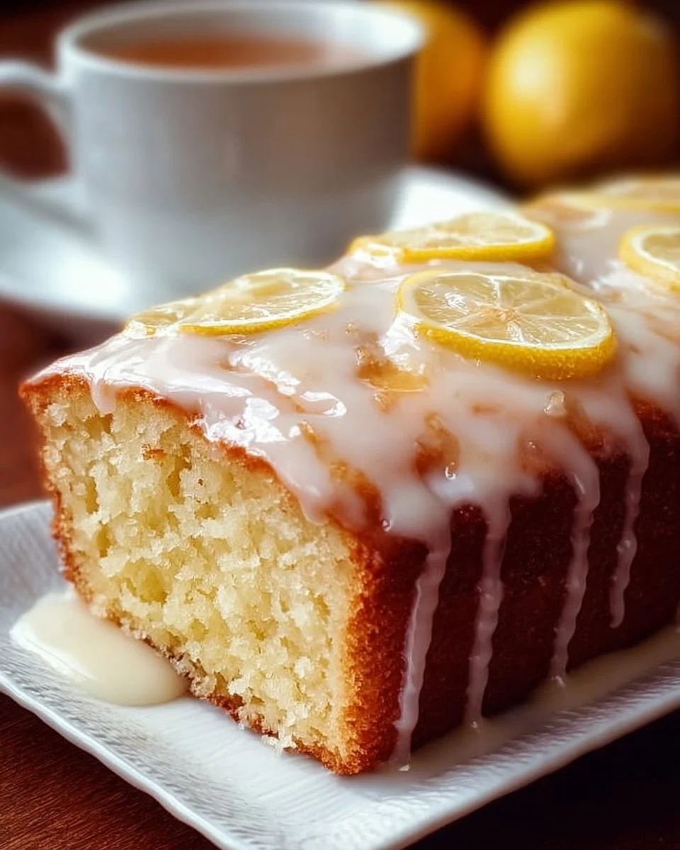 Starbucks Copycat Lemon Loaf with lemon glaze on a wooden table