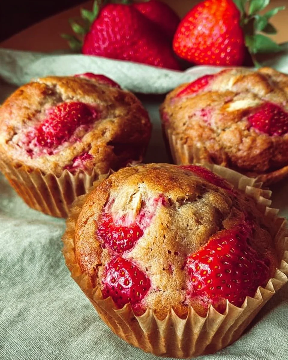 Freshly baked strawberry banana muffins with slices of fruit on top