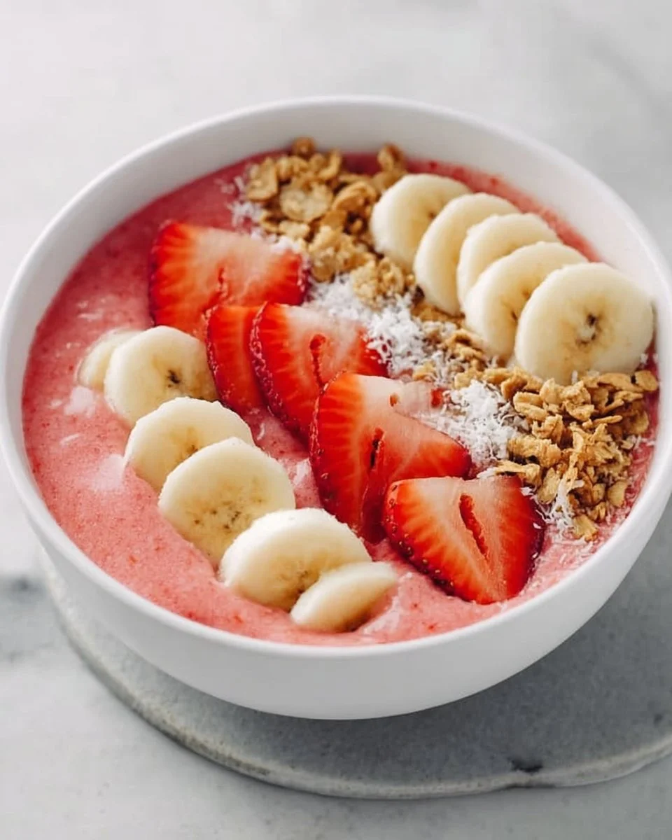 Strawberry Banana Smoothie Bowl topped with fresh fruits and nuts