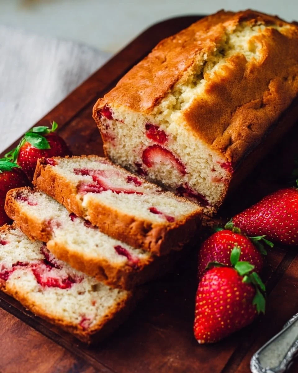 Loaf of freshly baked strawberry bread with slices showing the fruit inside.