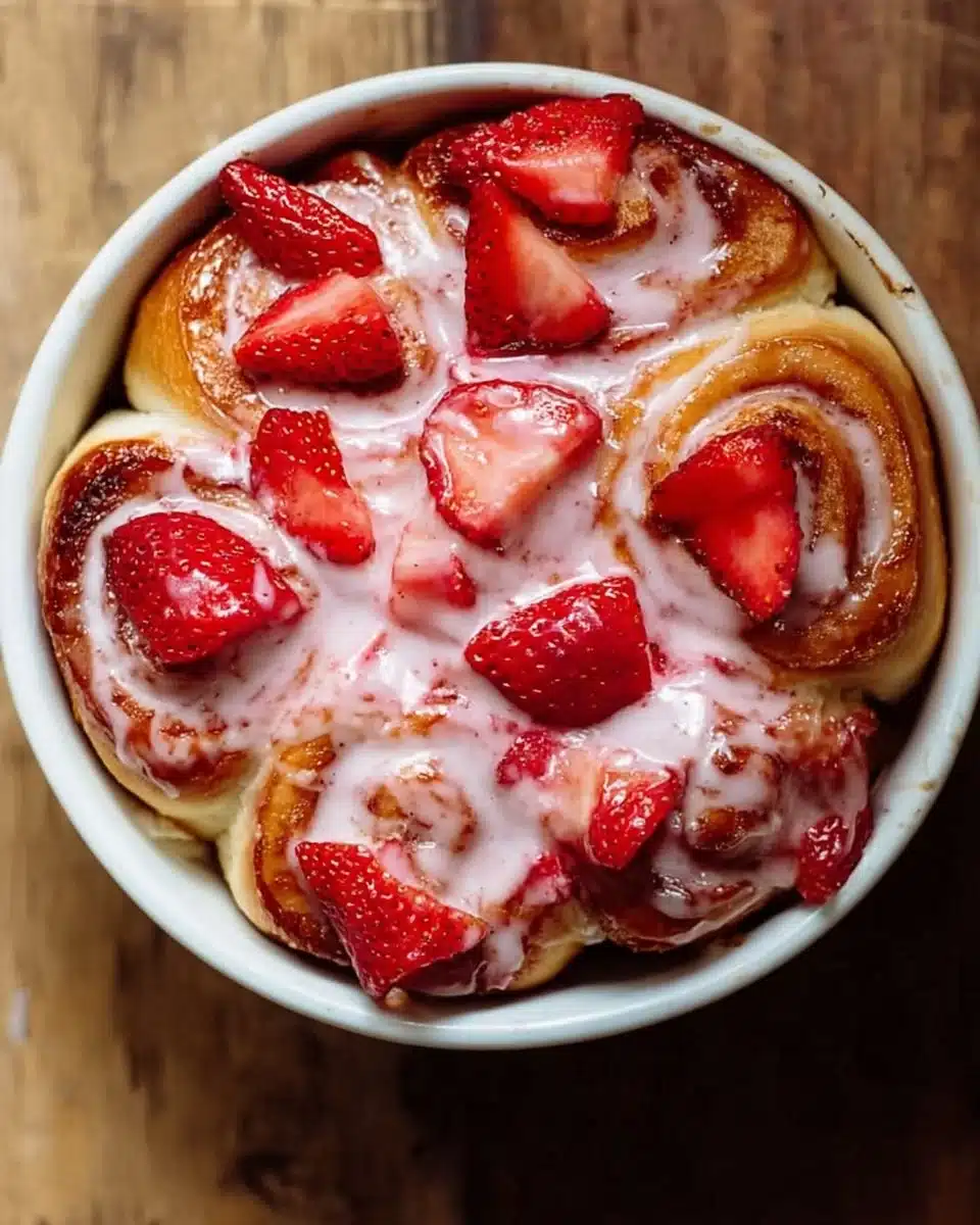Freshly baked strawberry cinnamon rolls with creamy icing on top
