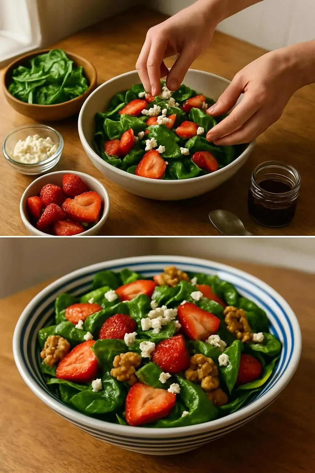 Fresh strawberry feta spinach salad with vibrant greens and creamy cheese
