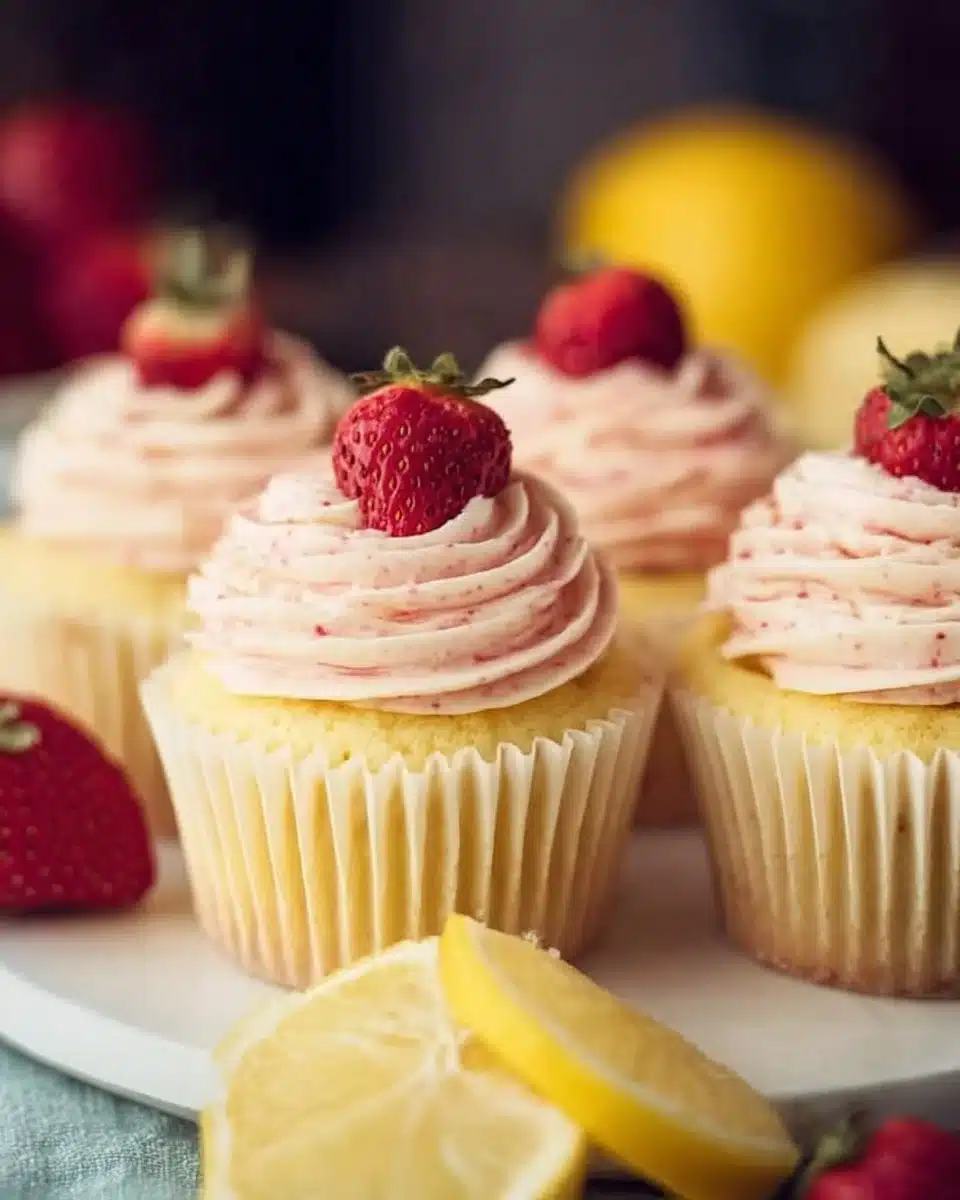 Strawberry lemonade cupcakes topped with lemon frosting and fresh strawberries
