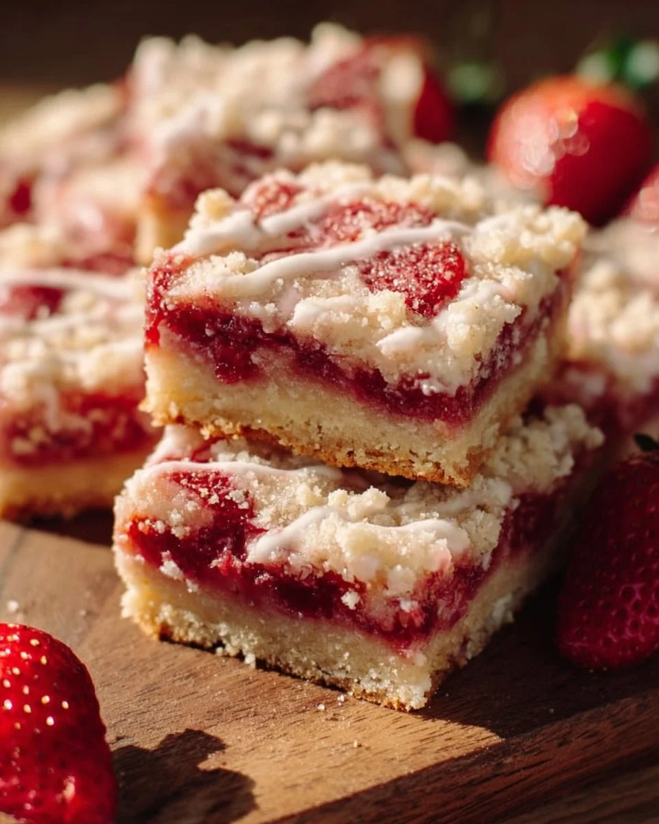 Strawberry shortcake bars with fresh strawberries and whipped cream
