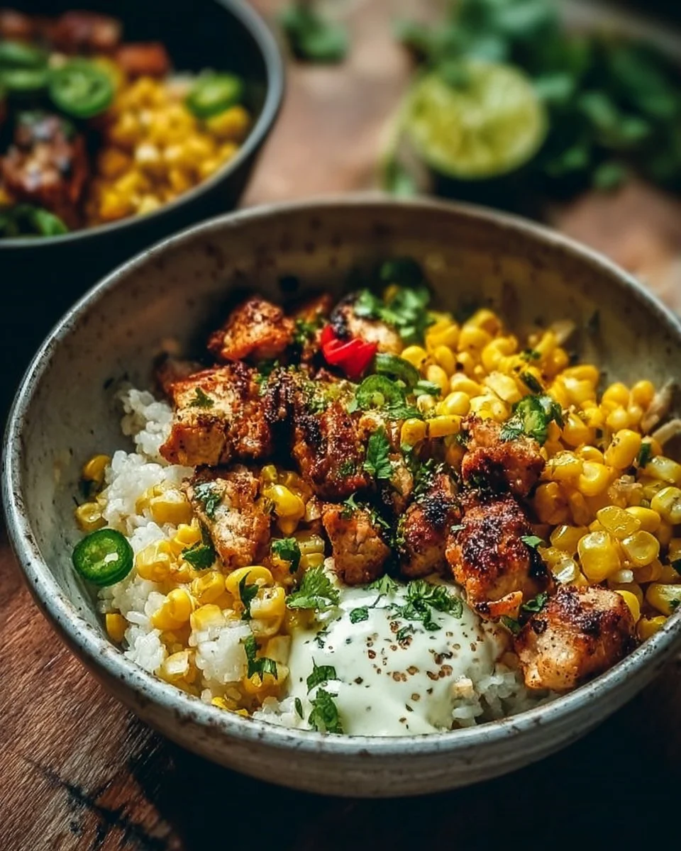 Delicious Street Corn Chicken Rice Bowl with grilled chicken and corn toppings