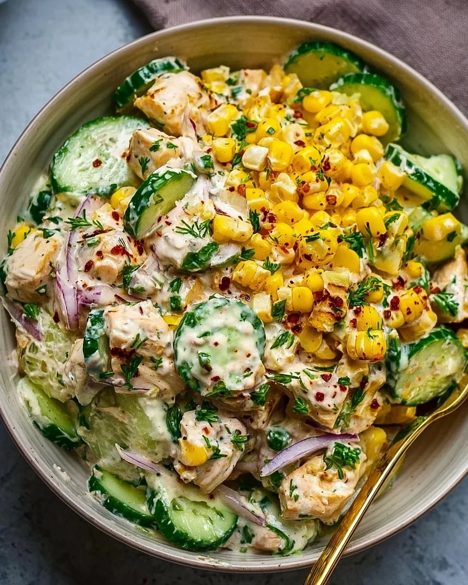 Delicious Street Corn Creamy Cucumber Chicken Salad served in a bowl