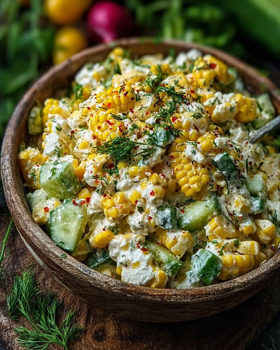 Street corn creamy cucumber salad served in a bowl with fresh ingredients