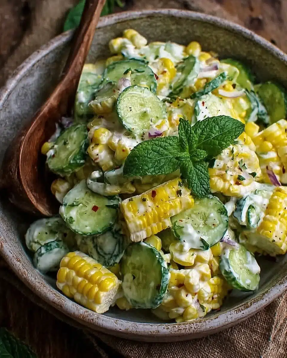 Street corn creamy cucumber salad served in a bowl, ideal for summer meals.