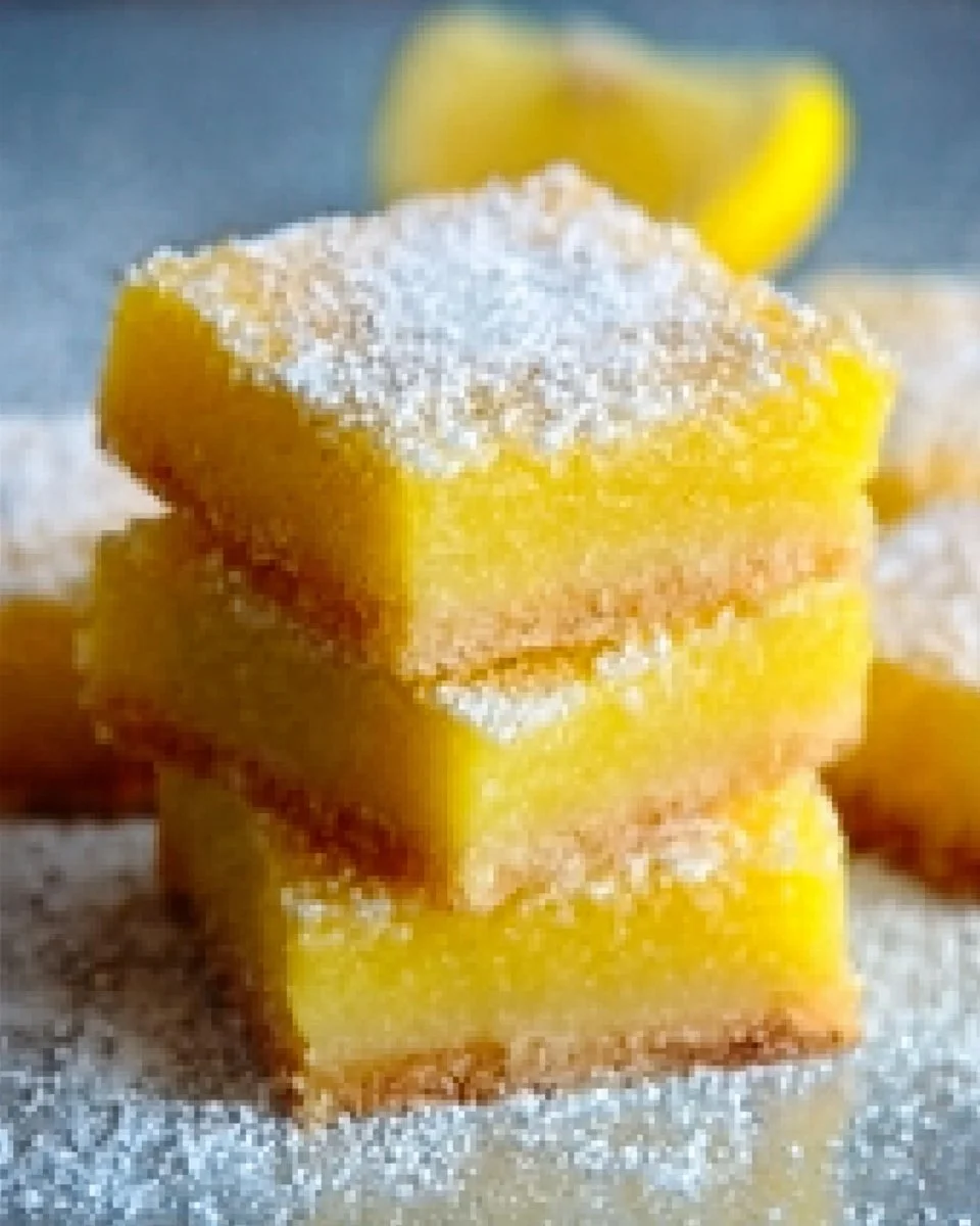 Delicious super easy lemon bars topped with powdered sugar on a white plate