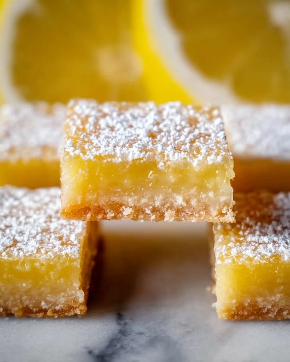 A plate of super easy lemon bars garnished with powdered sugar and lemon slices.