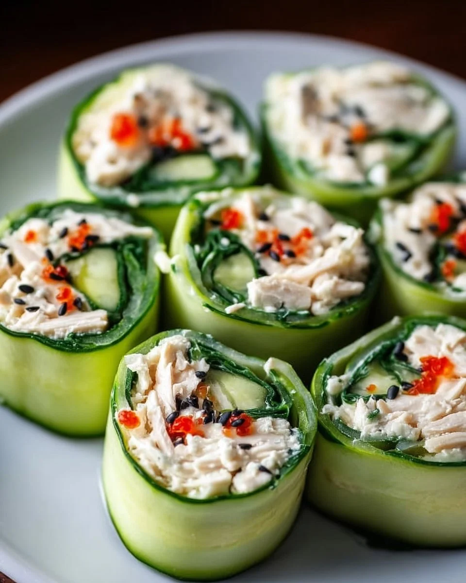 Tasty chicken salad cucumber roll ups served on a plate