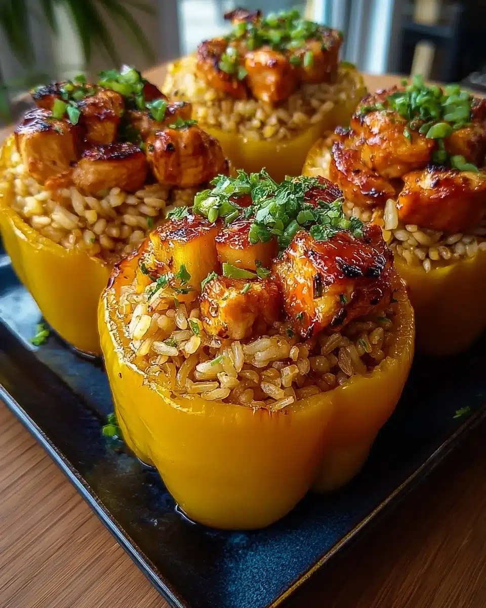 Delicious Teriyaki Pineapple Chicken and Rice Stuffed Peppers on a serving plate