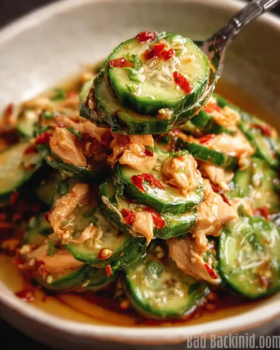 Delicious Thai cucumber salad topped with grilled chicken and fresh herbs