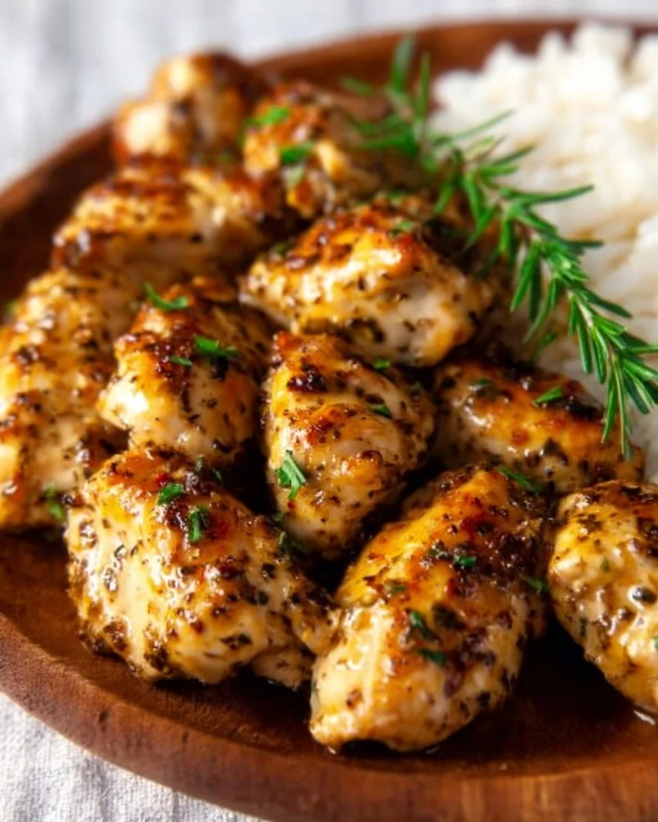 Succulent bite-size chicken breast morsels, seasoned and seared to perfection.