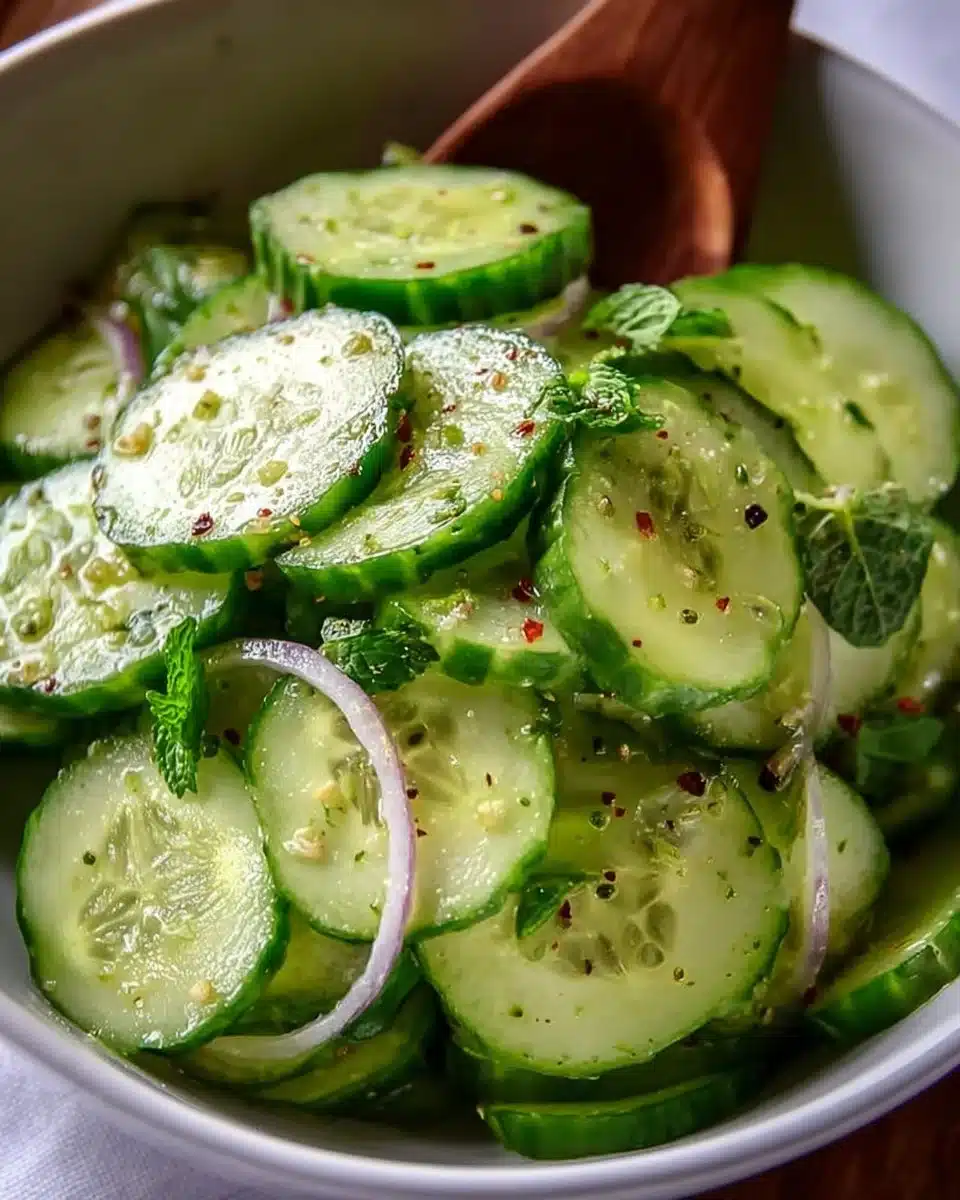 A bowl of refreshing cucumber salad garnished with herbs, ideal for warm weather