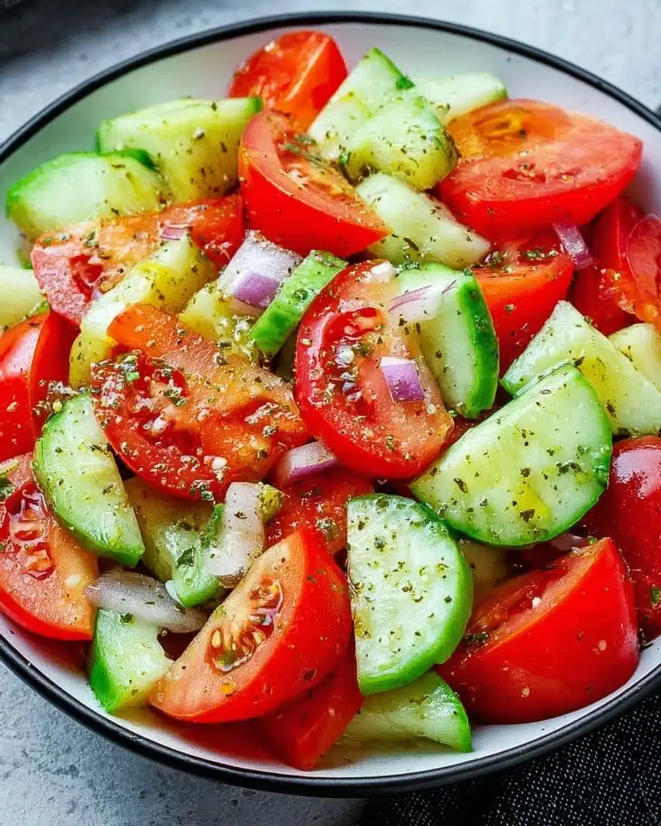 Fresh cucumber and tomato salad drizzled with olive oil and vinegar