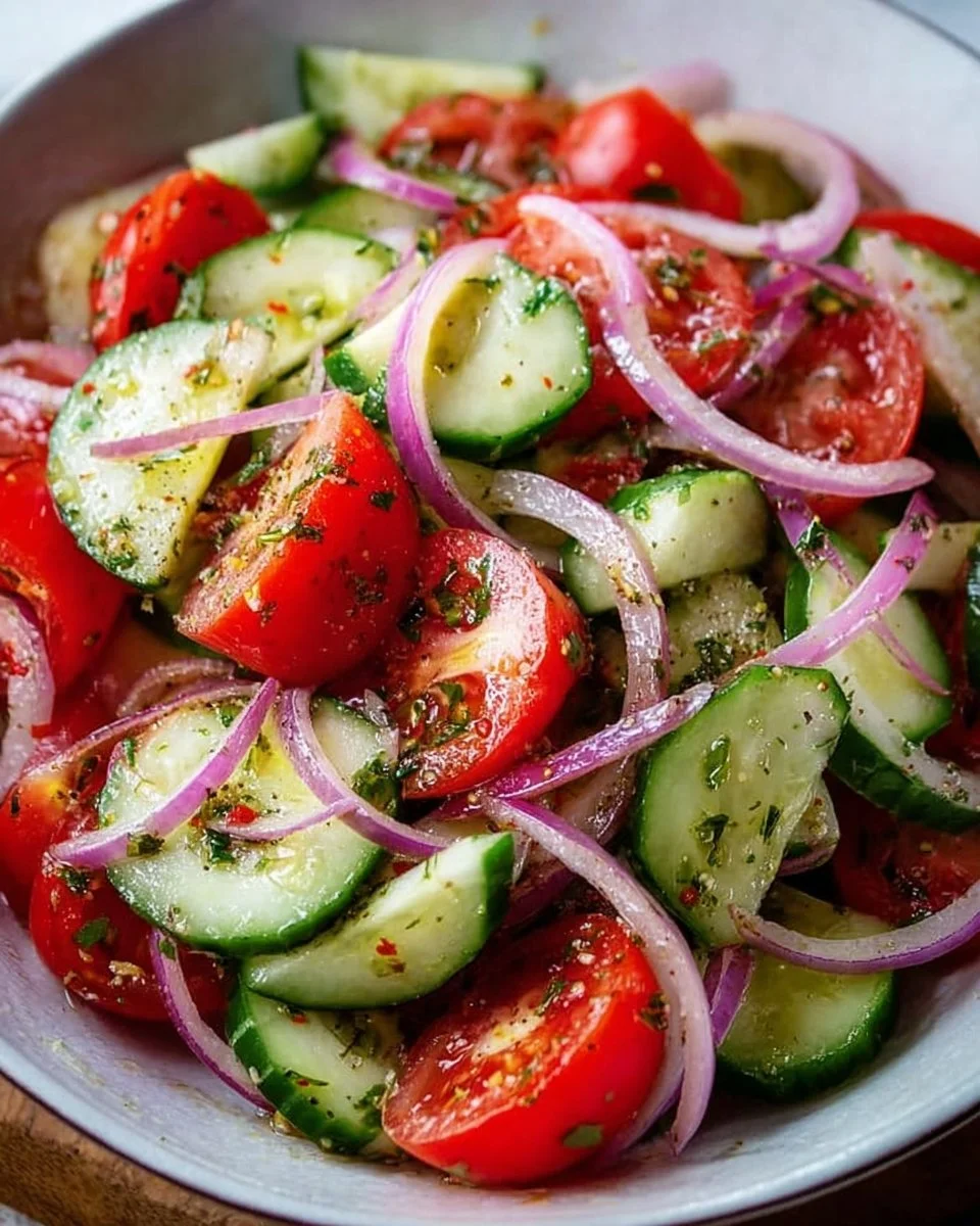Cucumber Tomato Salad with cucumbers, tomatoes, and red onion in tangy dressing