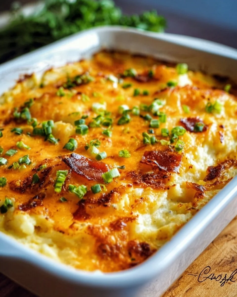 Delicious Twice Baked Potato Casserole served in a baking dish