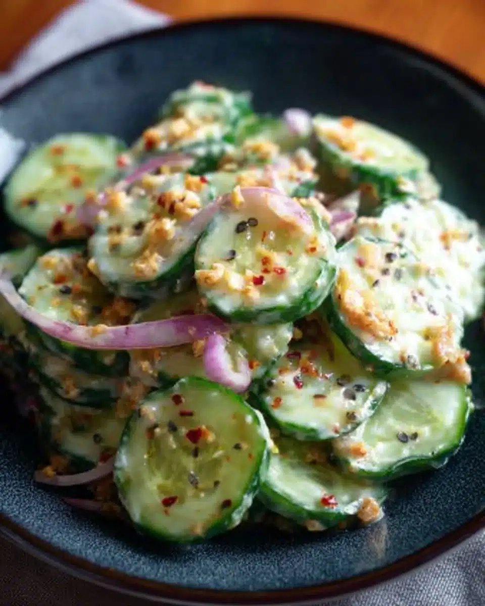 Viral TikTok cucumber salad garnished with herbs and spices.