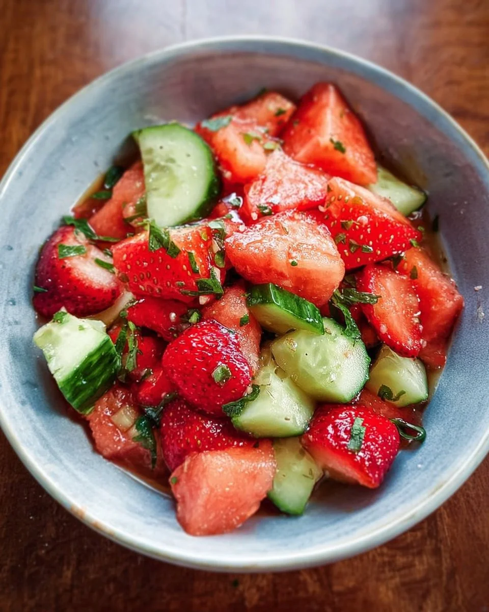 Colorful watermelon cucumber strawberry salad bowl with fresh ingredients.