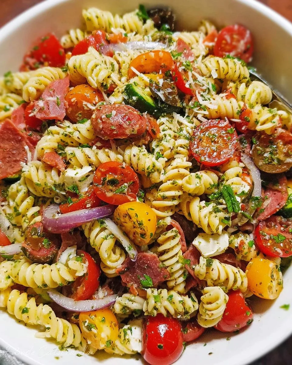 A colorful Zesty Italian Pasta Salad with vibrant vegetables and dressing