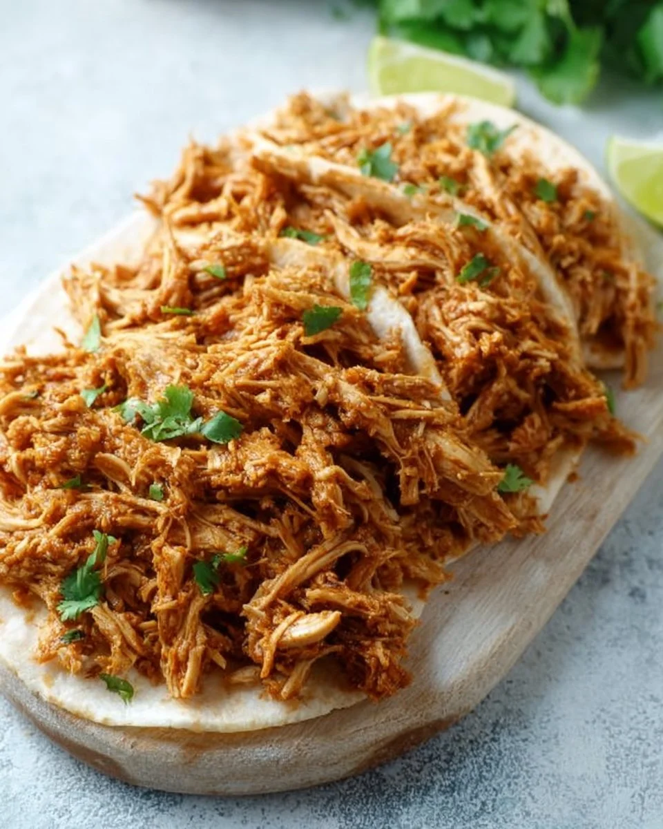 Crock Pot chicken taco meat recipe with three ingredients in a slow cooker.