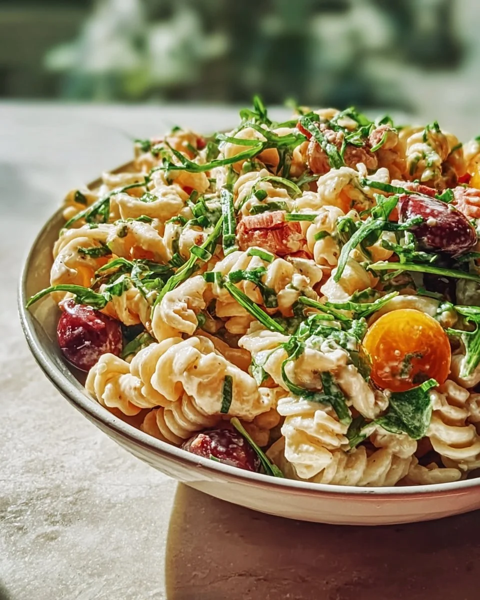 Bowl of addictive Crack Pasta Salad with colorful ingredients and dressing