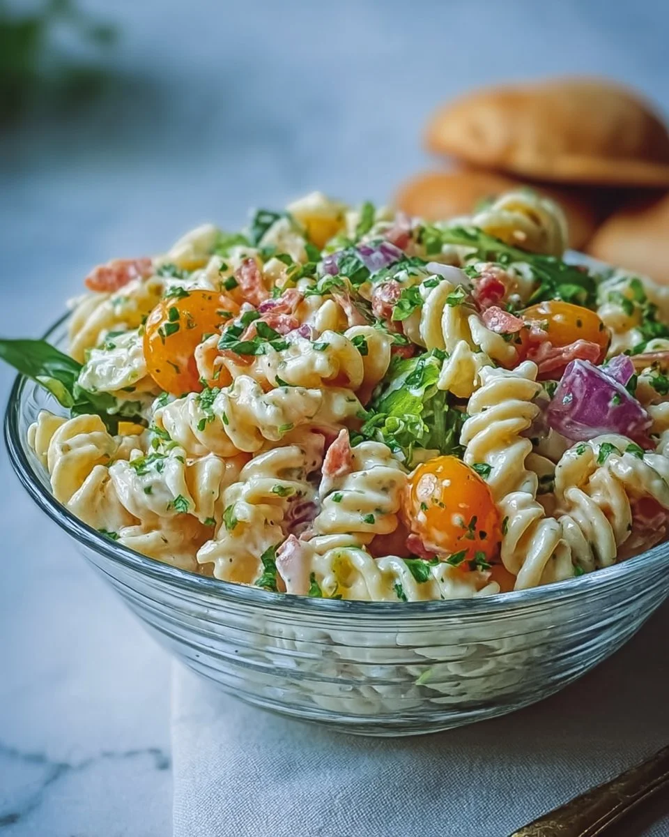 Bowl of addictive Crack Pasta Salad with colorful veggies and dressing