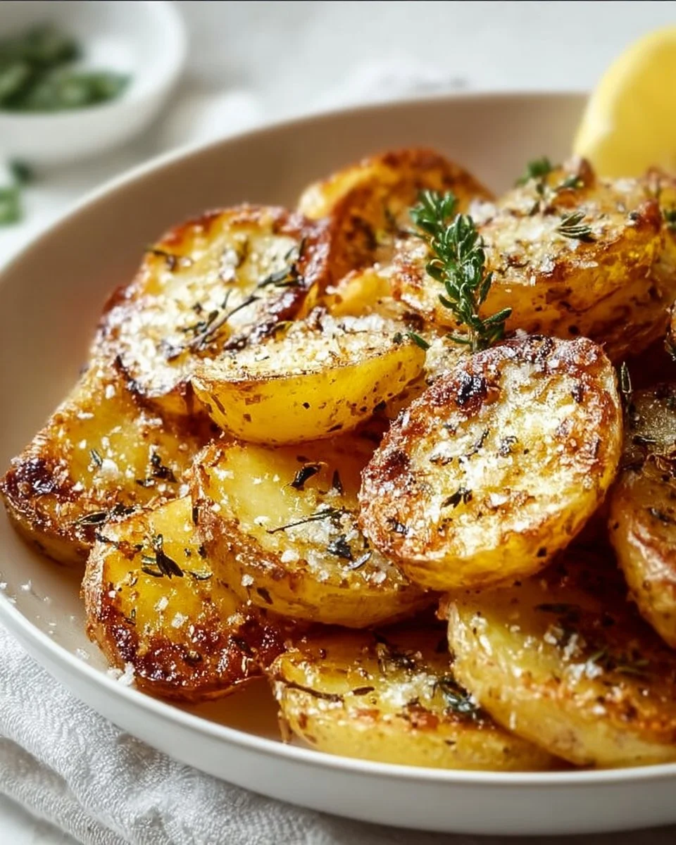 Crispy lemon Greek potatoes served in a rustic dish