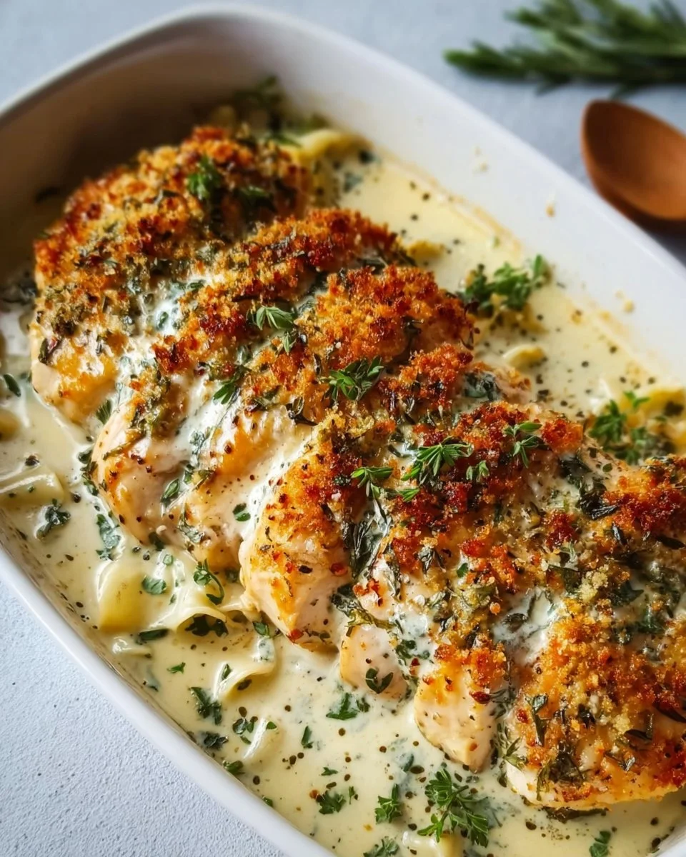 Baked Caesar chicken with creamy Parmesan sauce served on a plate