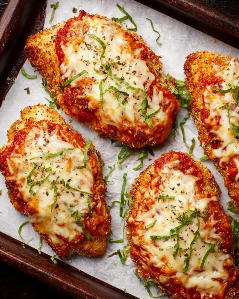 Baked Chicken Parmesan served with marinara sauce and melted cheese