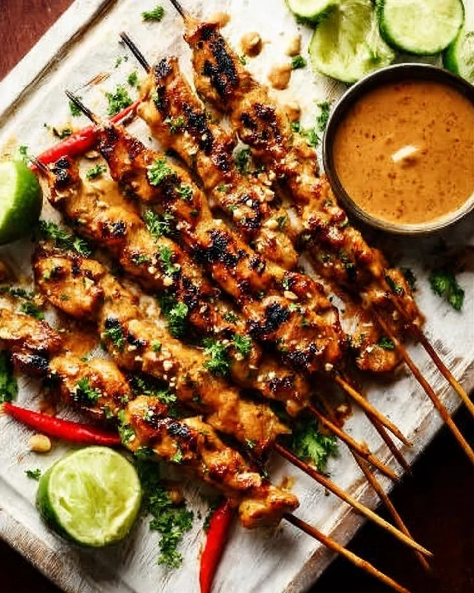 Baked and grilled Thai chicken satay skewers with peanut sauce