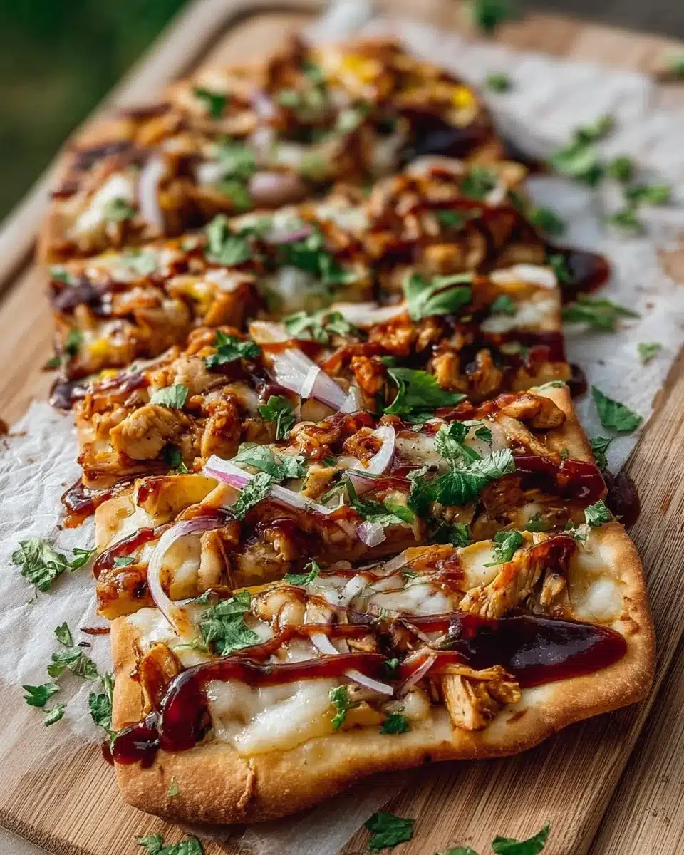 BBQ chicken flatbread topped with fresh ingredients and drizzled with sauce