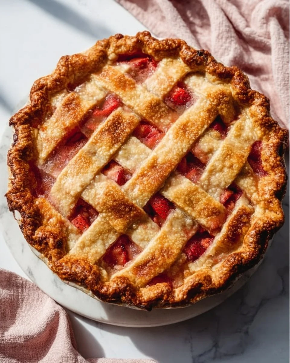 Freshly baked strawberry rhubarb pie with a golden crust