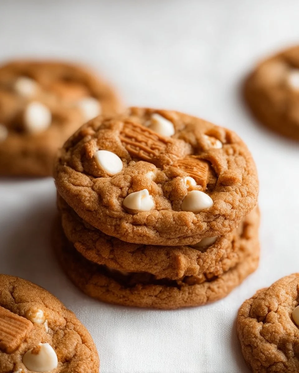 Plate of Biscoff Cookie Butter White Chocolate Chip Cookies
