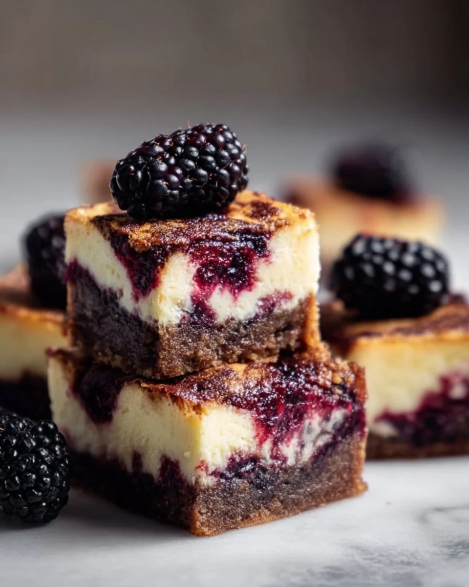 Delicious blackberry cheesecake brownies served on a plate.