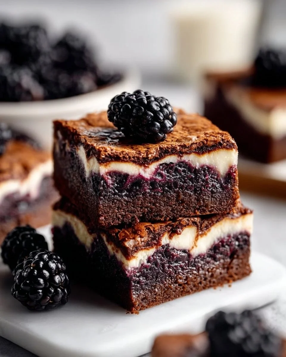 Delicious Blackberry Cheesecake Brownies topped with blackberries and creamy cheesecake swirl