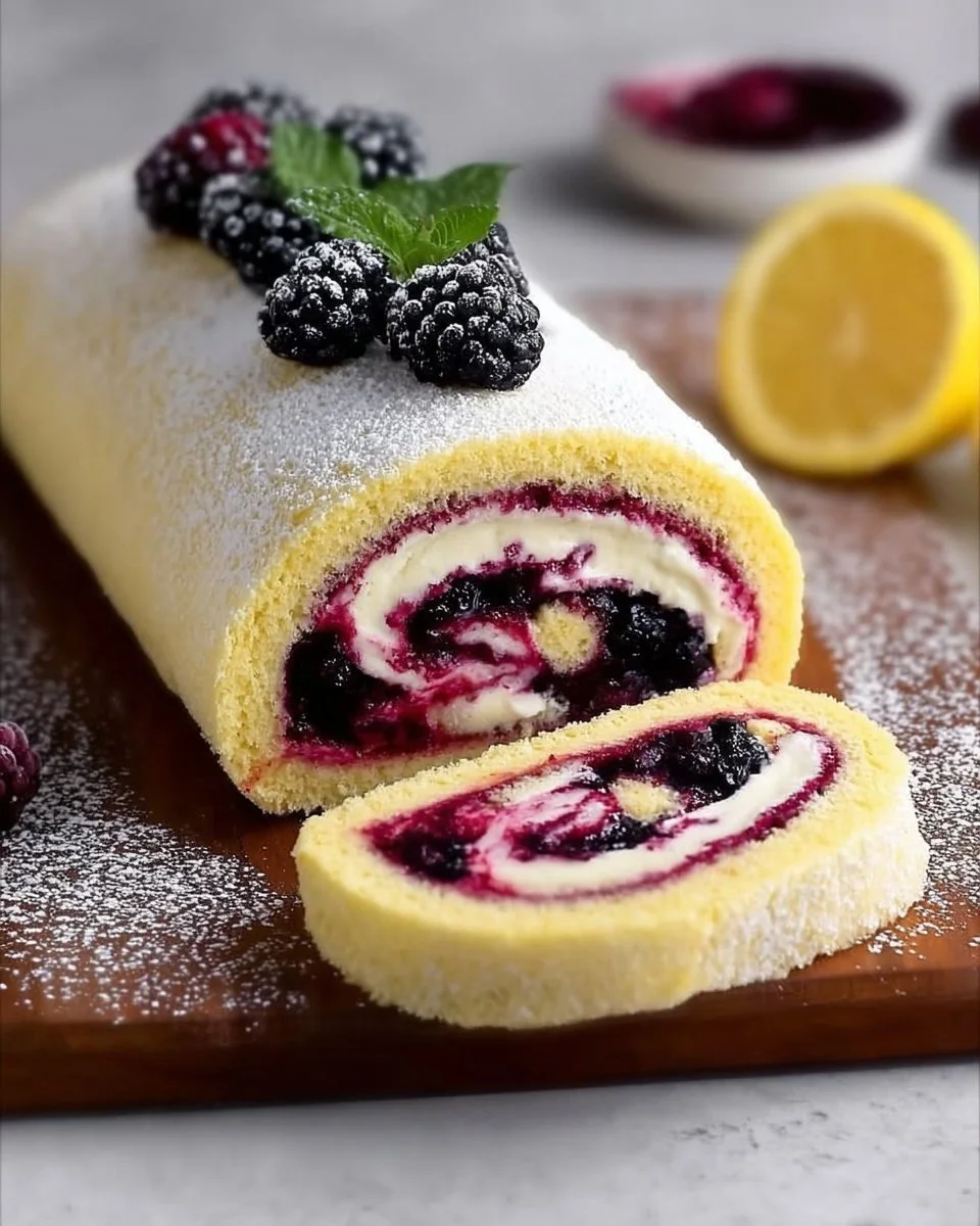Delicious Blackberry Lemon Cake Roll with fresh blackberries and lemon zest