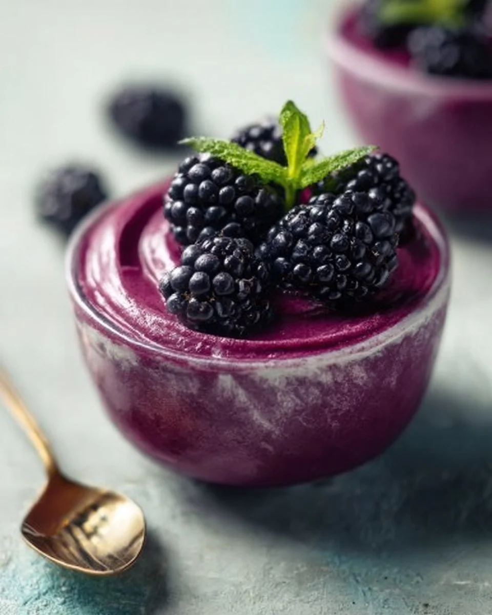 Deliciously presented blackberry mousse in a clear dessert glass garnished with fresh blackberries.