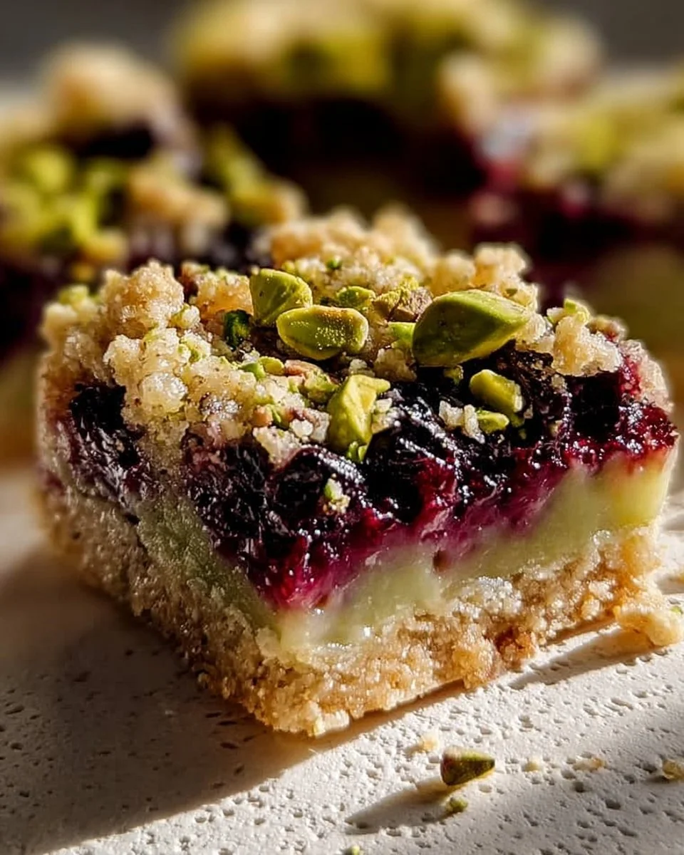 Homemade Blackberry Pistachio Dream Bars topped with fresh blackberries and pistachios