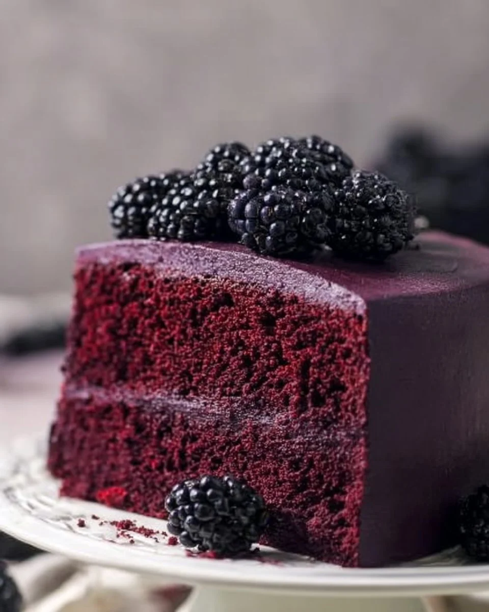 Slice of moist blackberry velvet cake with fresh blackberries on top.
