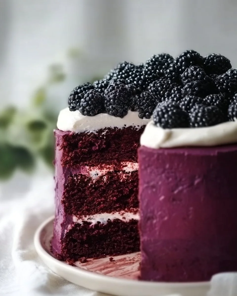Slice of Blackberry Velvet Cake with lush frosting on a plate