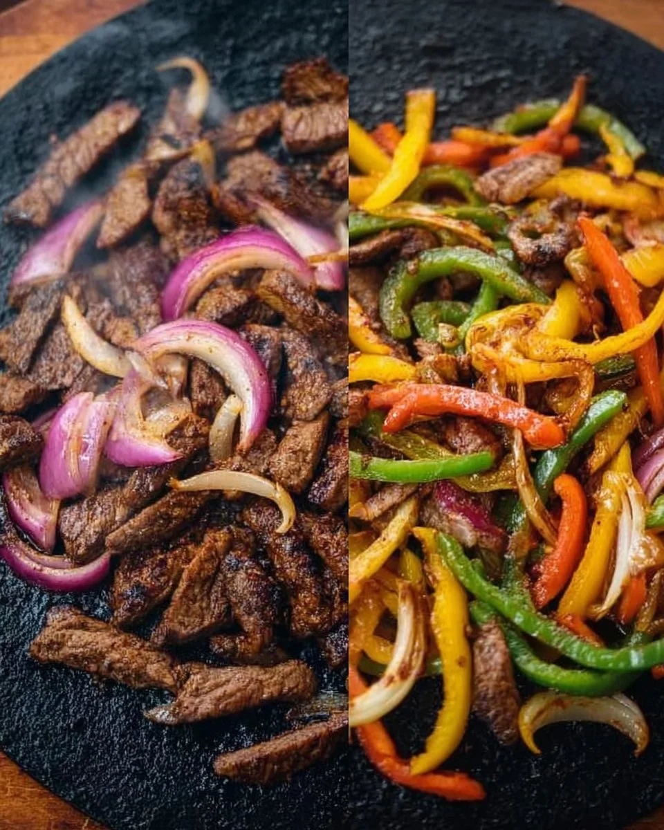 Sizzling Blackstone steak fajitas with peppers and onions