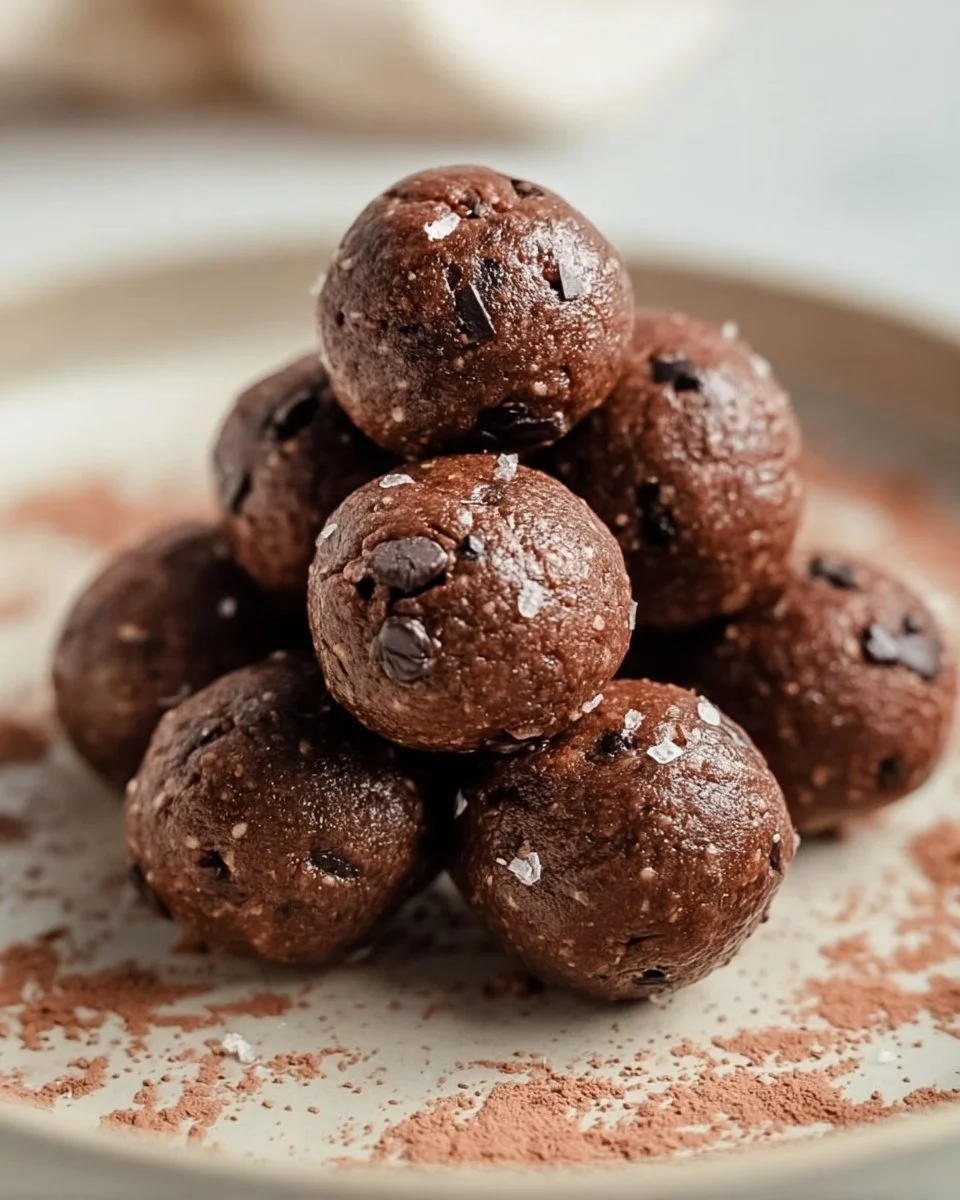 Delicious brownie protein balls stacked on a plate, a healthy guilt-free treat.