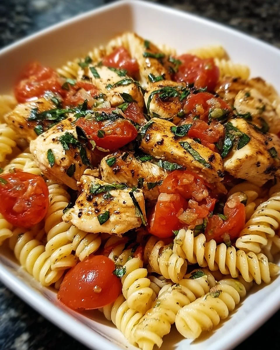 Plate of Bruschetta Chicken Pasta garnished with fresh basil and tomatoes
